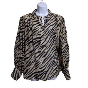 Banana Republic Black & Tan Animal Zebra print semi sheer Blouse Women's Size XL
